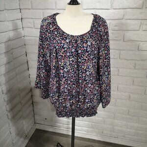 George Plus Ladies Size 3X Navy w/ Flower Pattern Elastic Neck Flowy Blouse